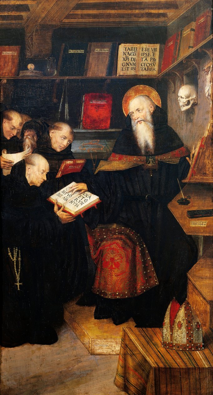 Eremitas do ensino de Santo Agostinho, pelo Defendente Ferrari (ativo de cerca de 1500-1535), painel de Defendente Ferrari