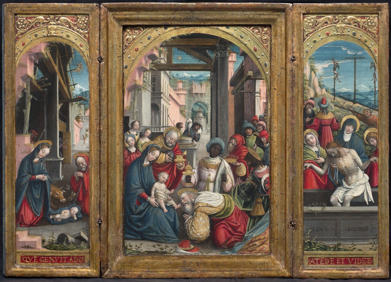 Tríptico com a Natividade ao centro, à direita a Adoração dos Magos, à esquerda a Deposição de Cristo no túmulo, 1523 de Defendente Ferrari
