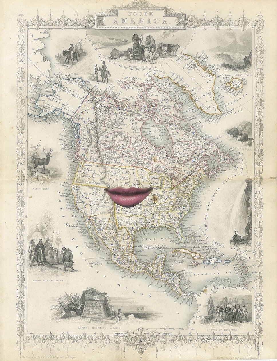 América do Norte colonial, 2017 (colagem de corte de papel) de Deirdre Kelly