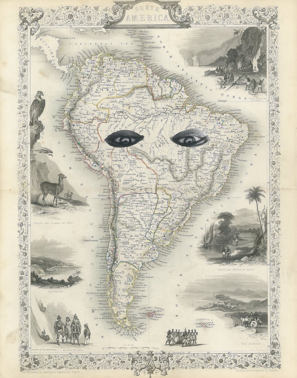 América do Sul colonial, 2017 (colagem de corte de papel) de Deirdre Kelly