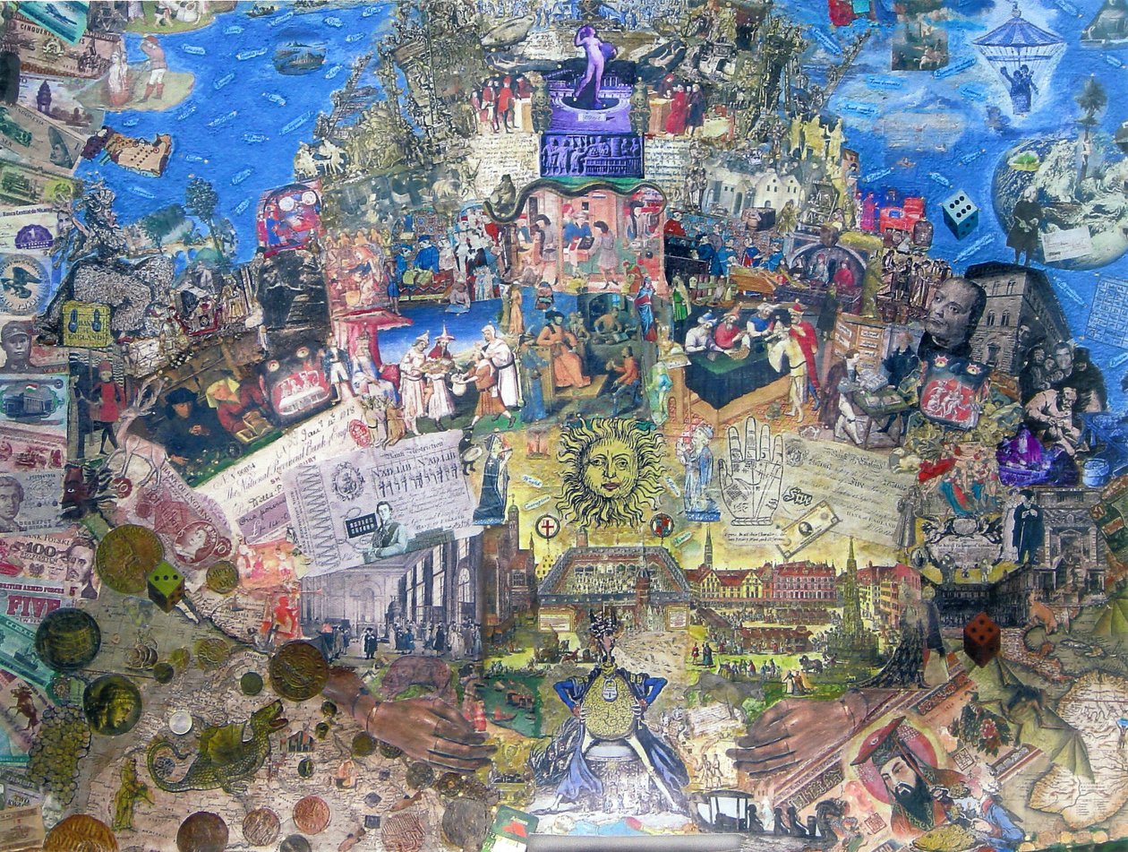 Morte de Crédito, 2010 (colagem e mídia mista sobre tela) de Deirdre Kelly