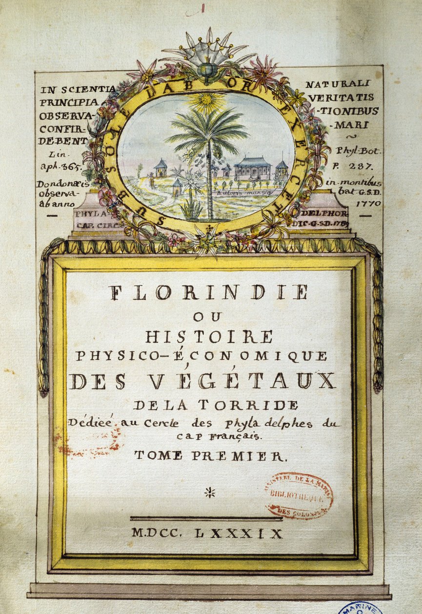 Frontispício de Florindie ou História Física e Económica das Plantas da Torrida de Delahaye Delahaye