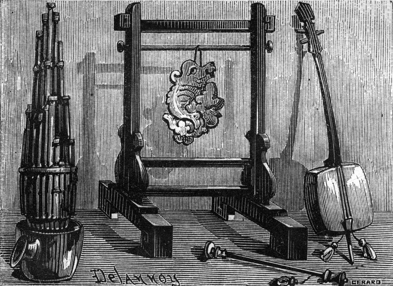Instrumentos musicais chineses: órgão, pedra sonora e violino. de Delannoy Delannoy