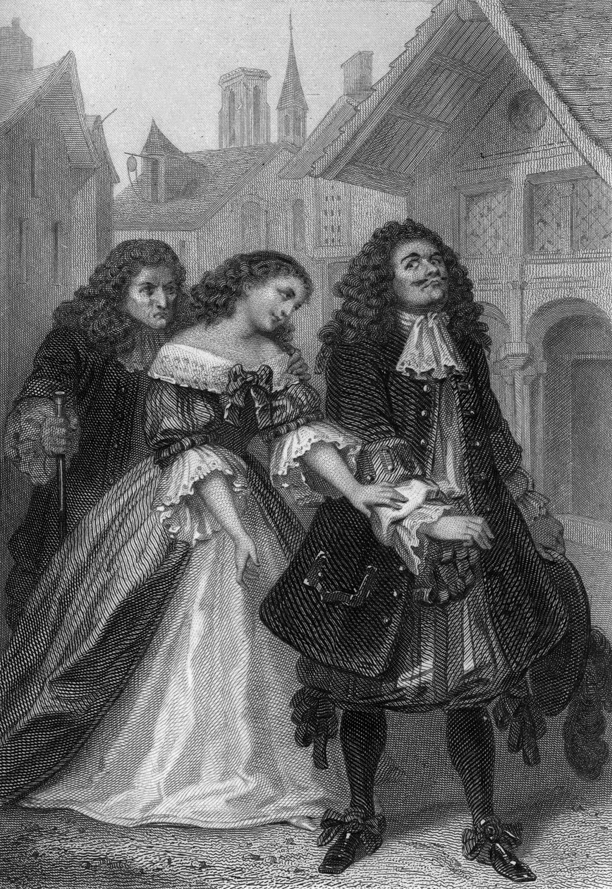 Peça Monsieur de Pourceaugnac de Molière: Monsieur de Pourceaugnac, Julie e Oronte, gravura de Delannoy após desenho de G. Staal (1870) de Delannoy Delannoy