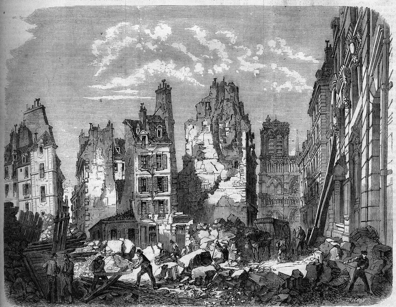 Transformações de Paris sob o Segundo Império, Haussmann Paris. Destruição de parte da Ile de la Cité para a expansão do Hotel Dieu, gravando depois de uma de Delannoy Delannoy