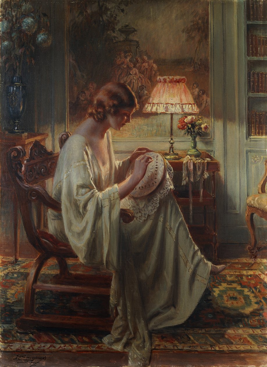 Uma senhora costurando em um interior de Delphin Enjolras
