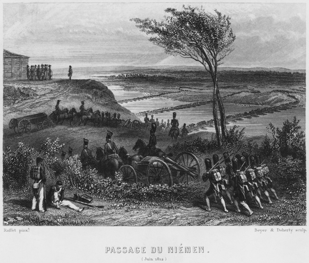 Atravessando o rio Niemen em junho de 1812, gravado por Beyer e Doherty de Denis Auguste Marie Raffet