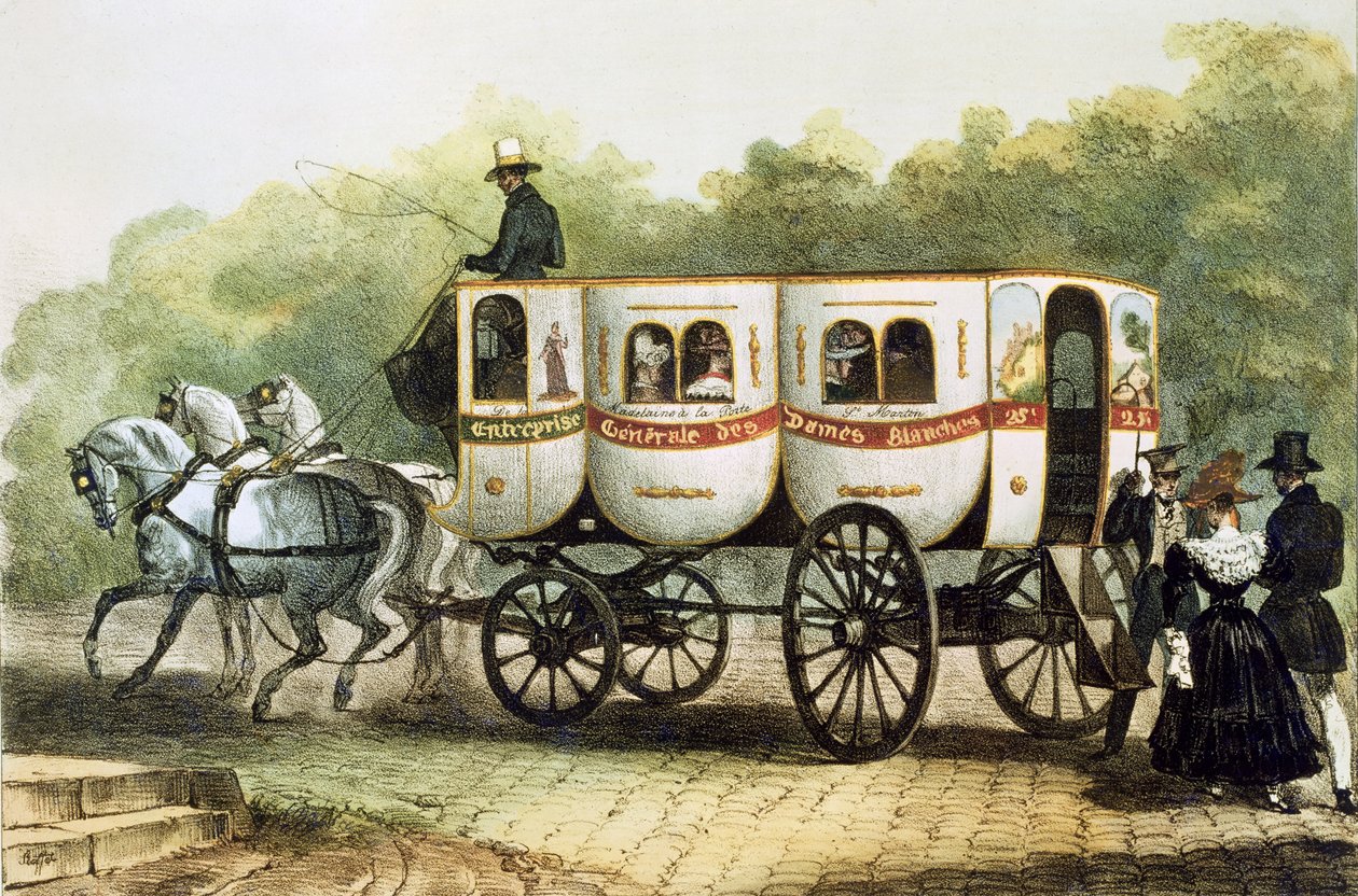 &39;Enterprise Generale des Dames Blanches&39;, ônibus de Madeleine para Porte Saint-Martin, c.1850 de Denis Auguste Marie Raffet