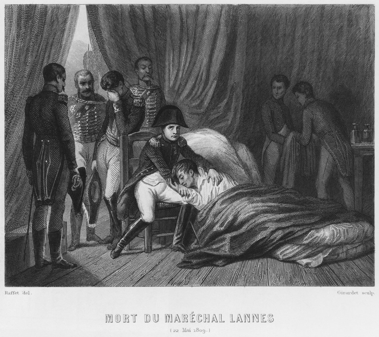 Últimos momentos do Marechal Lannes, Duque de Montebello, na batalha de Essling em 22 de maio de 1809, gravada por Abraham Girardet (1764-1823) de Denis Auguste Marie Raffet