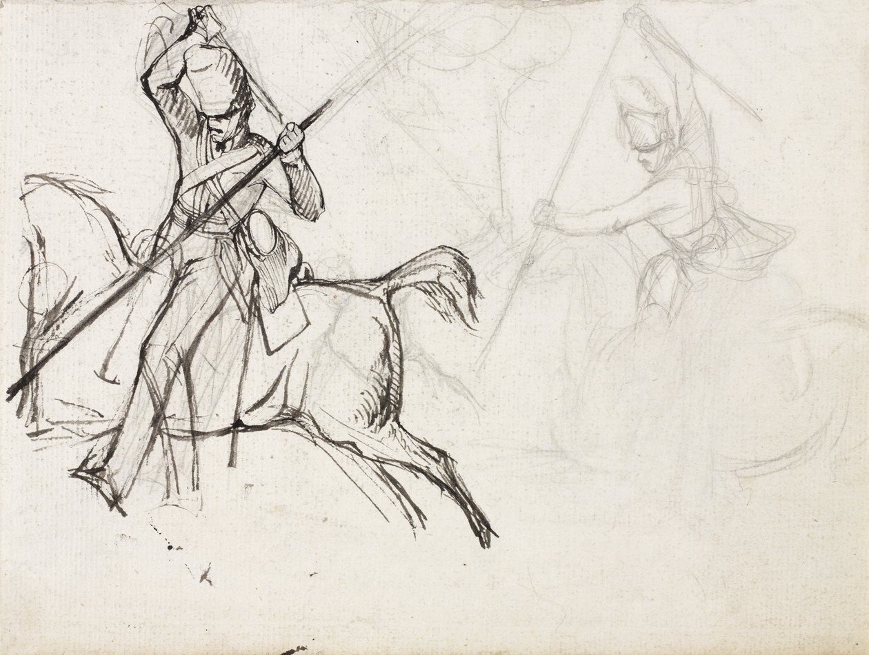 Estudos para a figura do Sargento Ewart, Scots Greys, para a pintura mostrando sua captura da Águia Francesa na Batalha de Waterloo, 1815, c.1817 (lápis e tinta no papel) de Denis Dighton