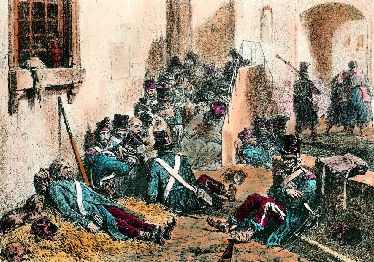 Tifo durante as Guerras Napoleônicas Os soldados do exército francês sofrem de febre causada por doenças. Gravura de Denis Auguste Raffet (1804-1860) do século XIX. Coleção particular de Denis Auguste Marie Raffet