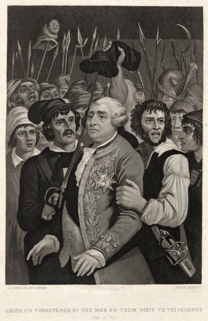 Luís XVI ameaçado pela Máfia na sua visita às Tuileries, 20 de Junho de 1792, gravada por John Sartain (gravura) de Denis Auguste Marie (after) Raffet