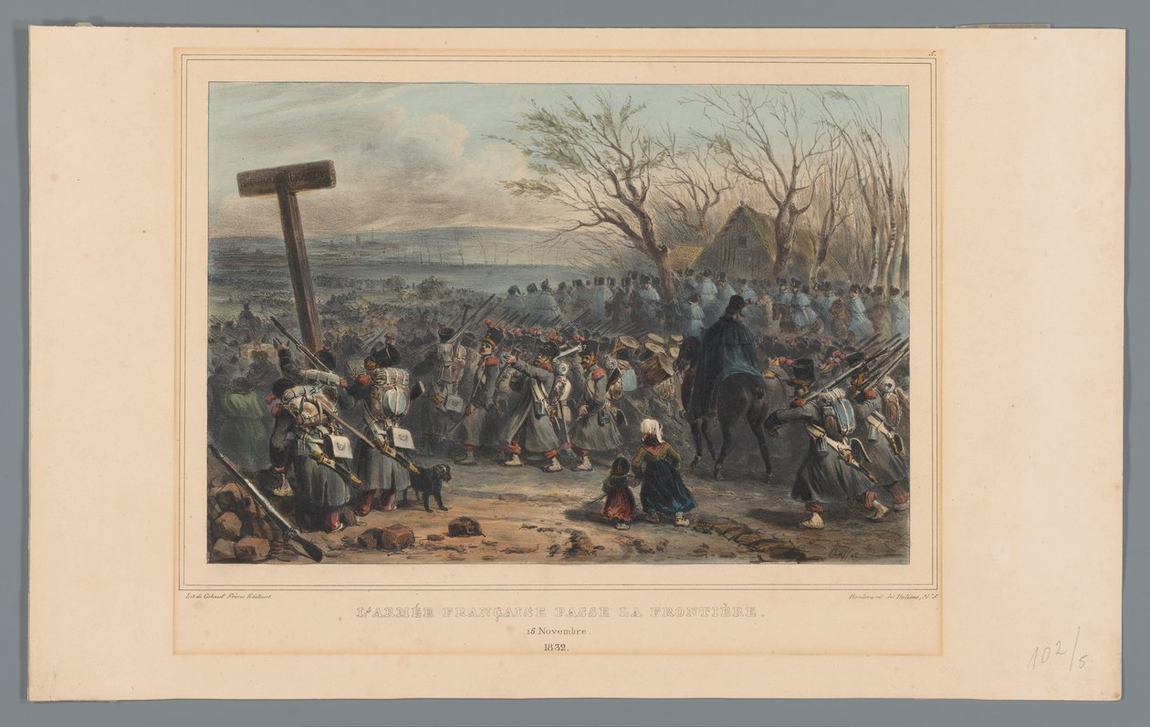 Franse leger rukt op, 1832
O exército francês atravessa a fronteira (título sobre o objecto)
Desenhos da vida no cerco da Cidadela de Antuérpia por Raffet (título da série sobre o objecto) de Denis Auguste Marie Raffet