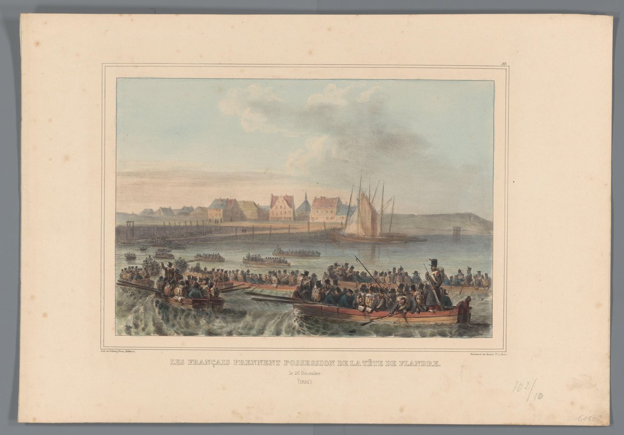 Fransen veroveren het Vlaams Hoofd, 1832 Os franceses tomam posse da cabeça de Flandres (título no objeto) Desenhos feitos da natureza no cerco da Cidadela de Antuérpia por Raffet (título da série no objeto) de Denis Auguste Marie Raffet