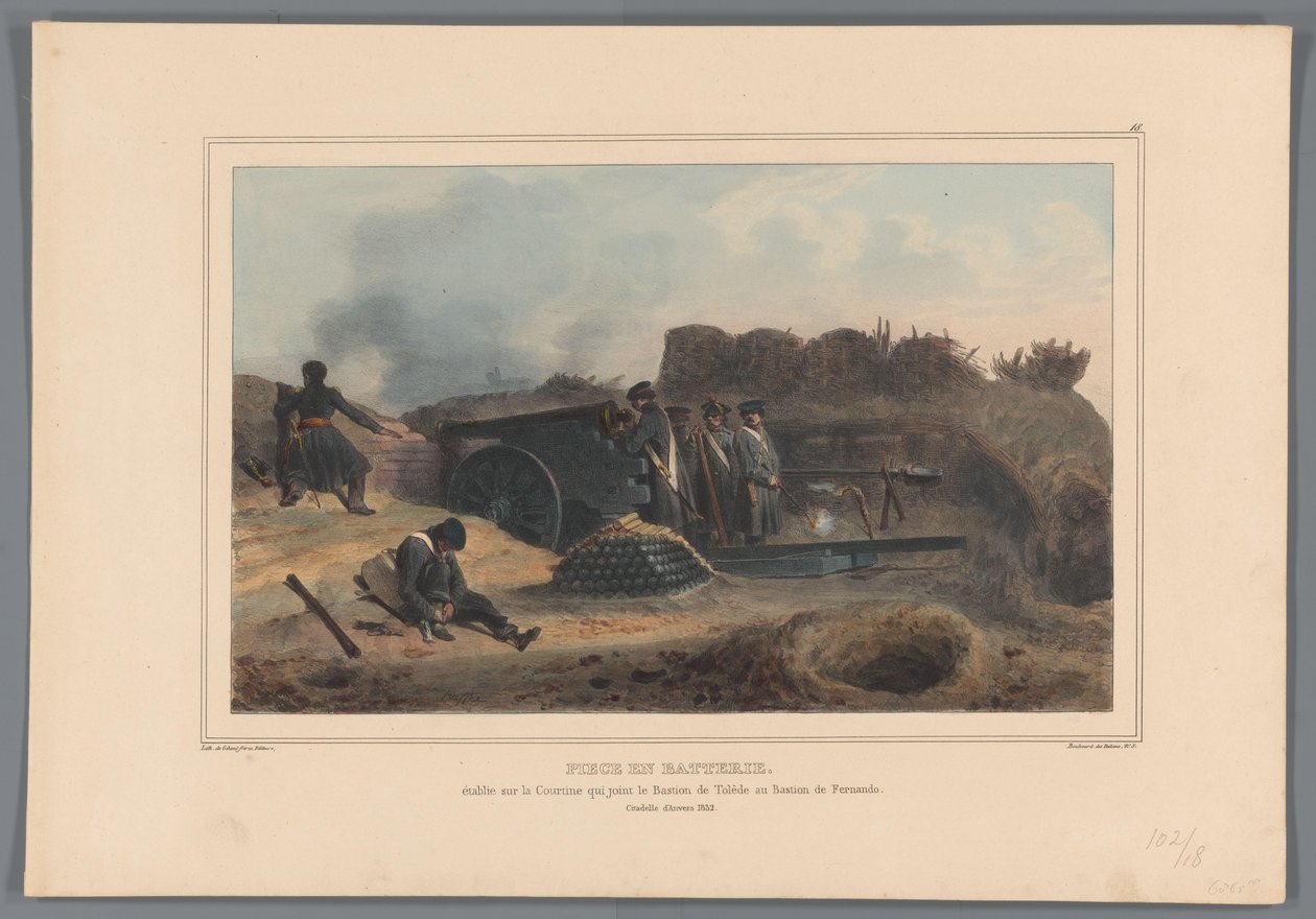 Geschut in actie, 1832
Pièce en batterie, estabelecido na Courtine que junta o Bastião de Tolède ao Bastião de Fernando (título sobre o objecto)
Desenhos feitos de vida no cerco da Cidadela de Antuérpia por Raffet (título da série sobre o objecto) de Denis Auguste Marie Raffet