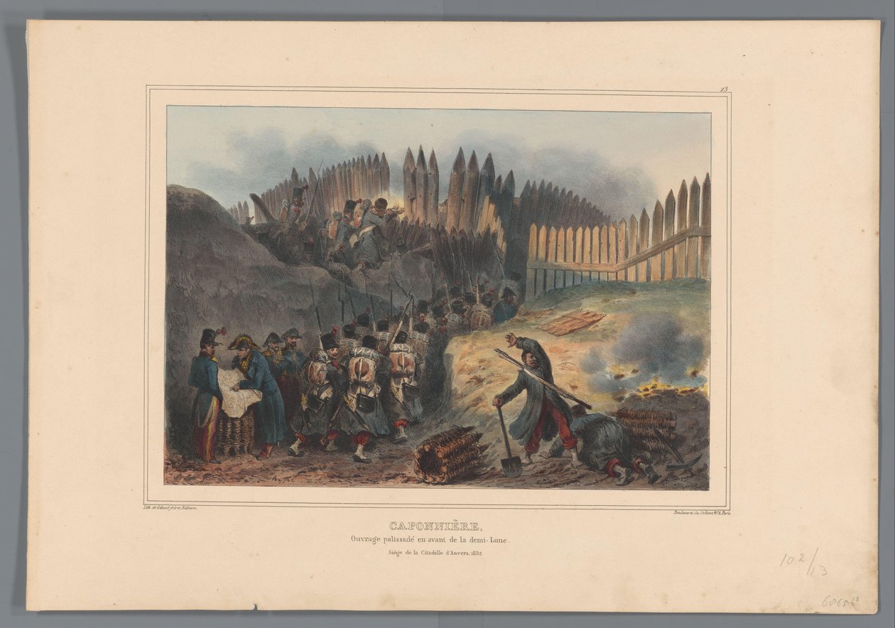 Groep soldaten trekt door een opening in de palissade, 1832
Caponière, trabalho em paliçada em frente da meia-lua (título sobre o objecto)
Desenhos feitos de vida no cerco da Cidadela de Antuérpia por Raffet (título da série sobre o objecto) de Denis Auguste Marie Raffet