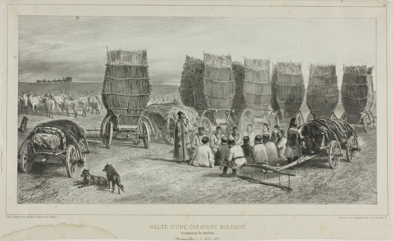 Local de paragem de uma caravana moldava que transportava carvão, Bessarábia, 5 de agosto de 1837 de Denis Auguste Marie Raffet