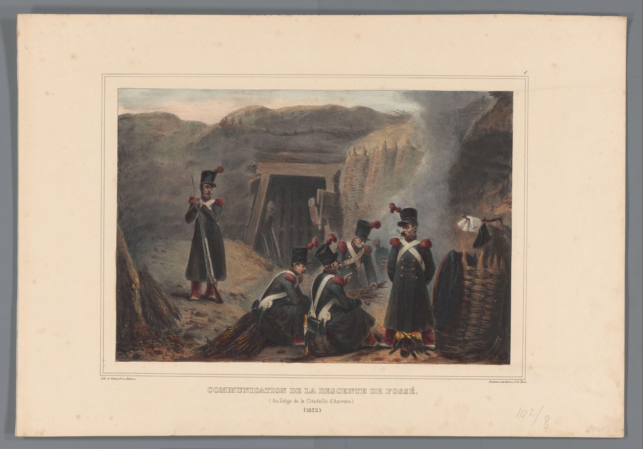 Militairen bij een mijngang, 1832
Comunicação da descida da vala (título sobre o objecto)
Desenhos da vida no cerco da Cidadela de Antuérpia por Raffet (título da série sobre o objecto) de Denis Auguste Marie Raffet