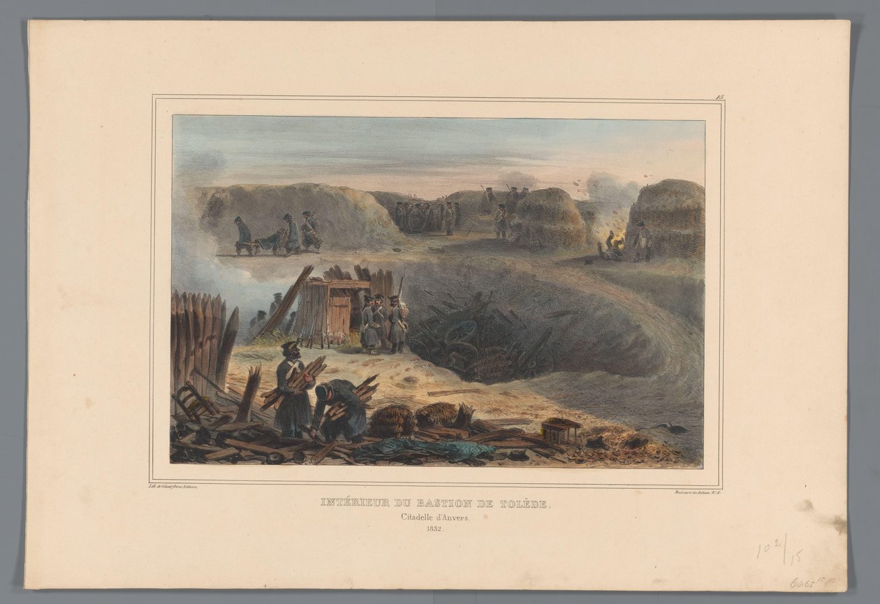Bastião Militairten binnen een, 1832 Interior do Bastião de Toledo (título no objeto) Desenhos feitos da natureza no cerco da Cidadela de Antuérpia por Raffet (título da série no objeto) de Denis Auguste Marie Raffet