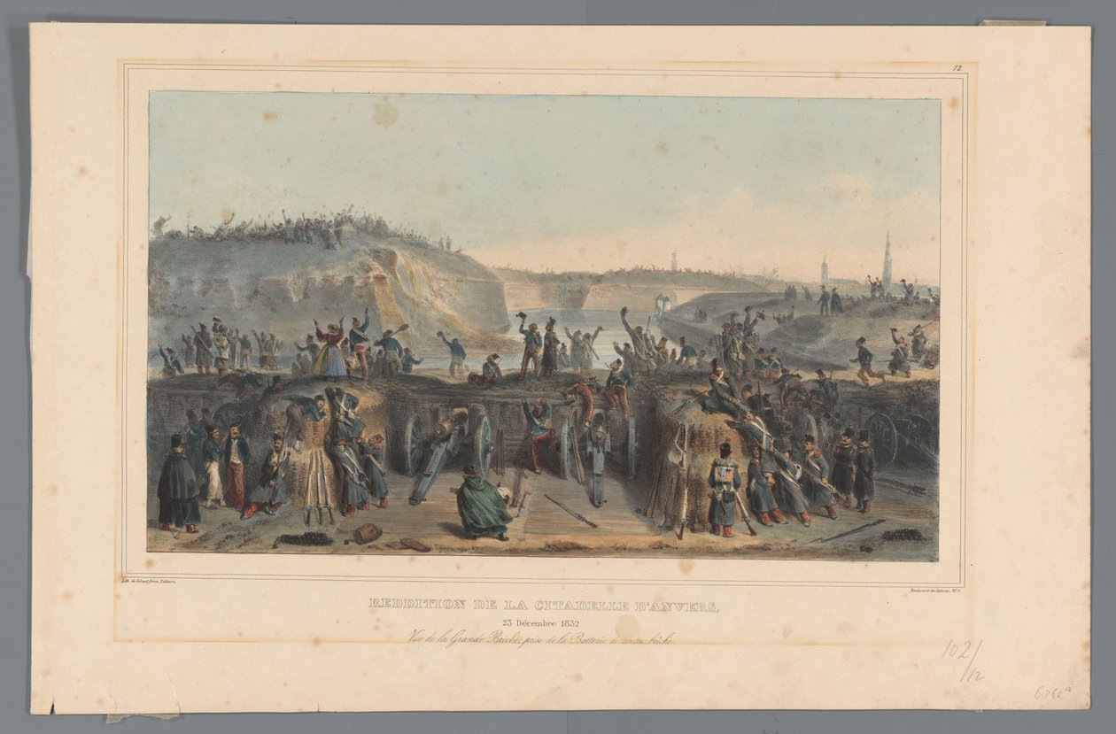 Overgave van de Citadel van Antwerpen, 1832 Rendição da Cidadela de Antuérpia (título no objeto) Desenhos feitos da natureza no cerco da Cidadela de Antuérpia por Raffet (título da série no objeto) de Denis Auguste Marie Raffet
