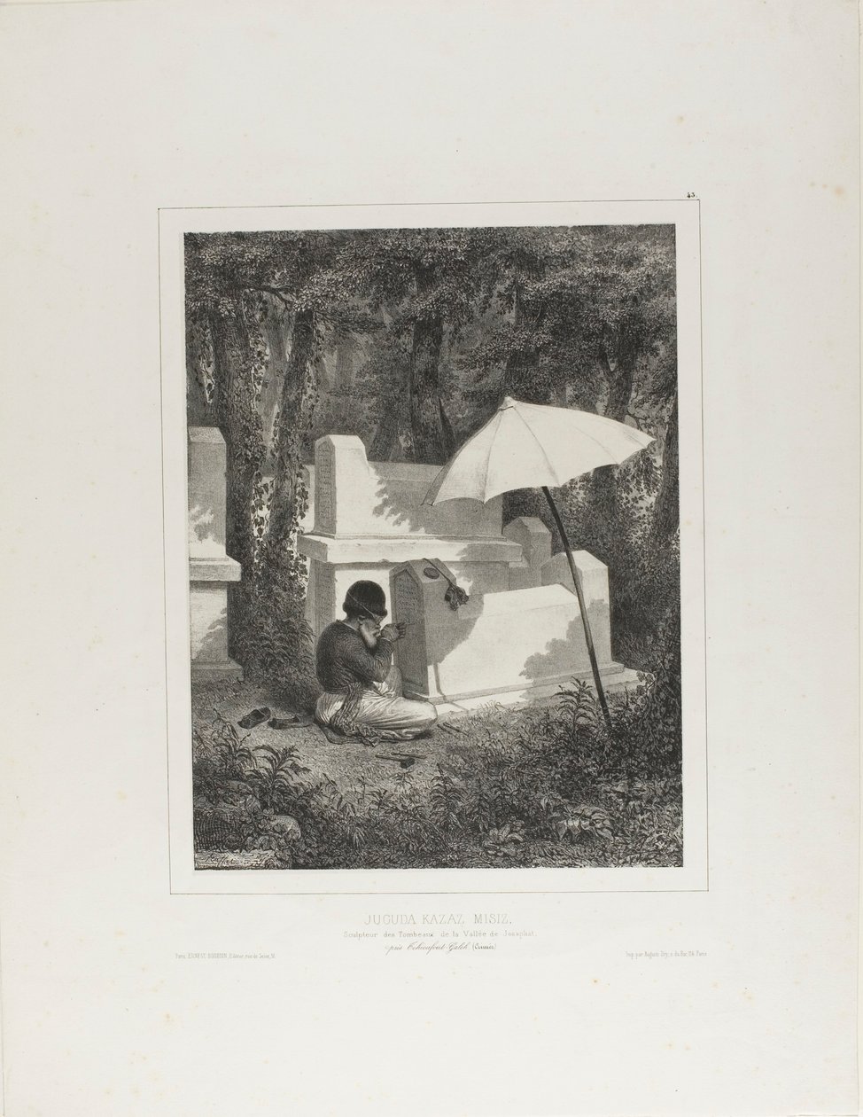 Retrato de Juguda Kazaz, Misiz, a trabalhar como escultor de túmulos no vale de Josafá, perto de Tchioufout-Galeh, Crimeia de Denis Auguste Marie Raffet