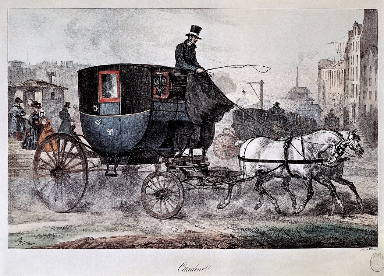 Os transportes públicos no século XIX: um táxi nas ruas de Paris (gravura colorida) de Denis Auguste Marie Raffet
