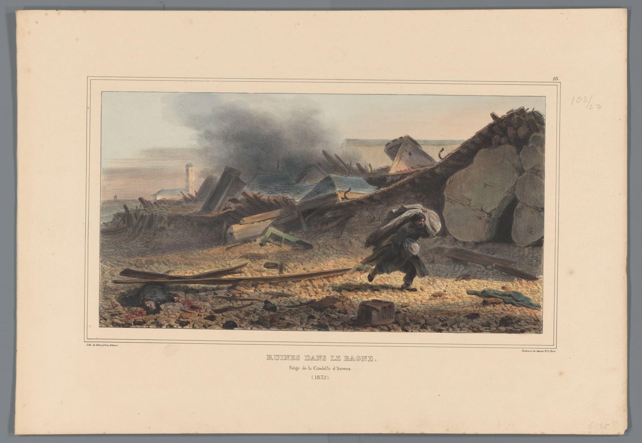 Ruínas, 1832 Ruins in the Bagne (título no objeto) Desenhos feitos da natureza no cerco da Cidadela de Antuérpia por Raffet (título da série no objeto) de Denis Auguste Marie Raffet