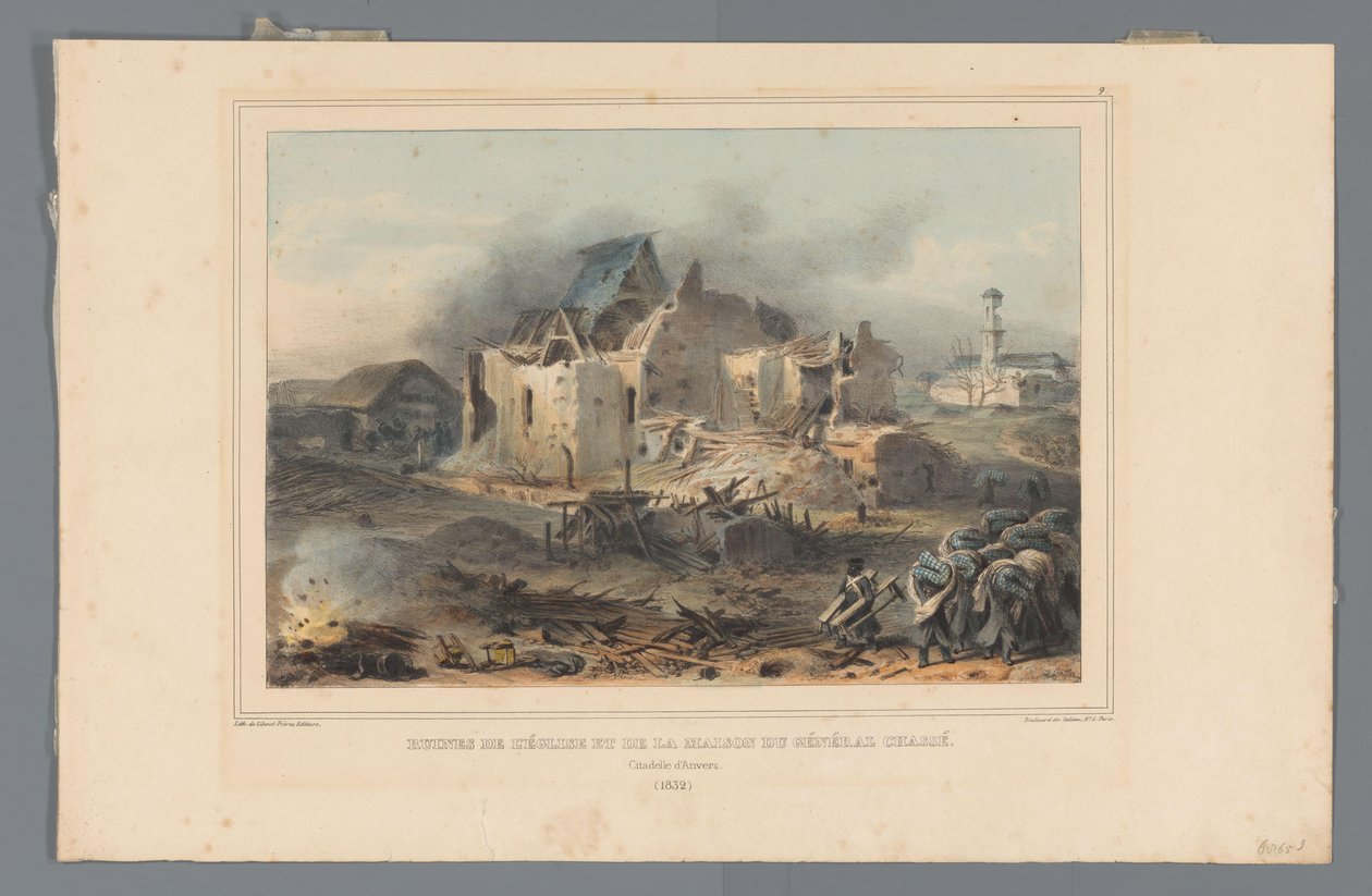 Ruínas van de kerk em het huis van generaal Chassé, 1832 Ruínas da igreja e da casa do General Chassé (título no objeto) Desenhos feitos da natureza no cerco da Cidadela de Antuérpia por Raffet (título da série no objeto) de Denis Auguste Marie Raffet