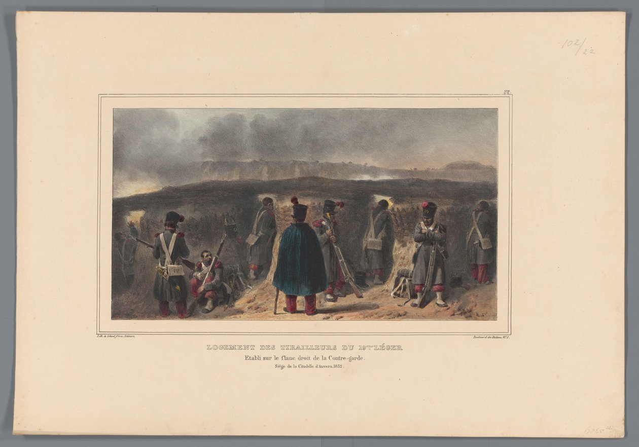 Schutters comprando borstwering, 1832 Alojamento dos escaramuçadores da 19ª luz (título no objeto) Desenhos feitos da vida na sede da Cidadela de Antuérpia por Raffet (título no objeto) de Denis Auguste Marie Raffet