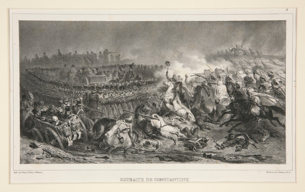 A 2ª Cavalaria Ligeira suportando a investida dos árabes, conjunto de seis, intitulado Retraite de Constantine de Denis Auguste Marie Raffet