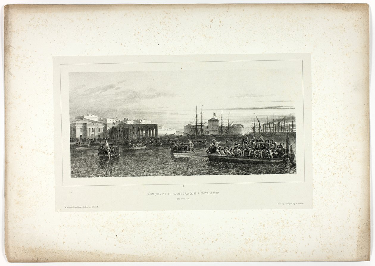 O desembarque do exército francês em Civita-Vecchia, 25 de abril de 1849, de lembranças da Itália: expedição a Roma de Denis Auguste Marie Raffet
