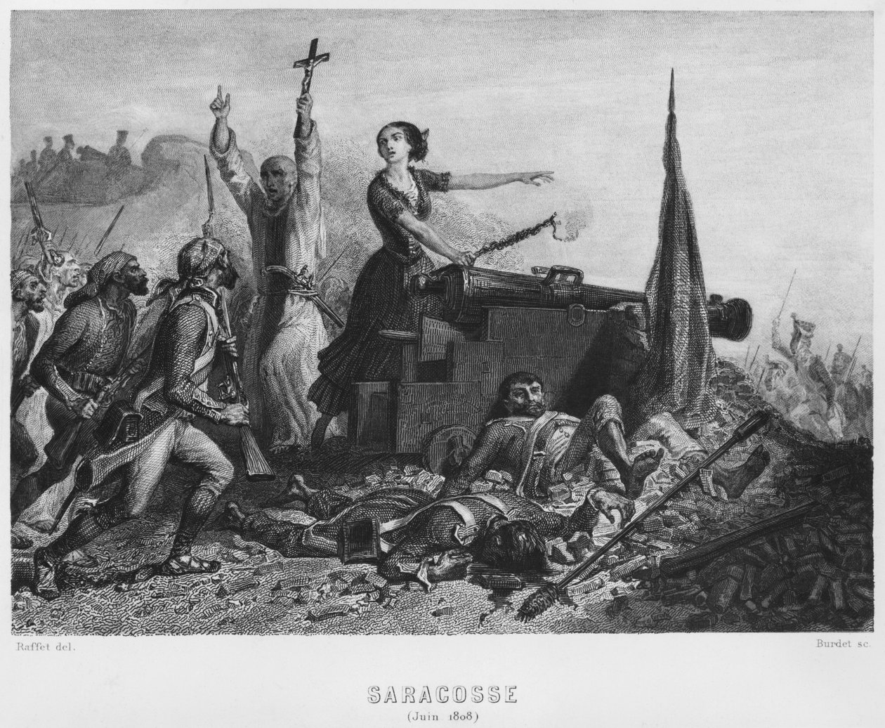 O cerco de Zaragoza em junho de 1808, gravado por Augustin Burdet (n.1798) de Denis Auguste Marie Raffet