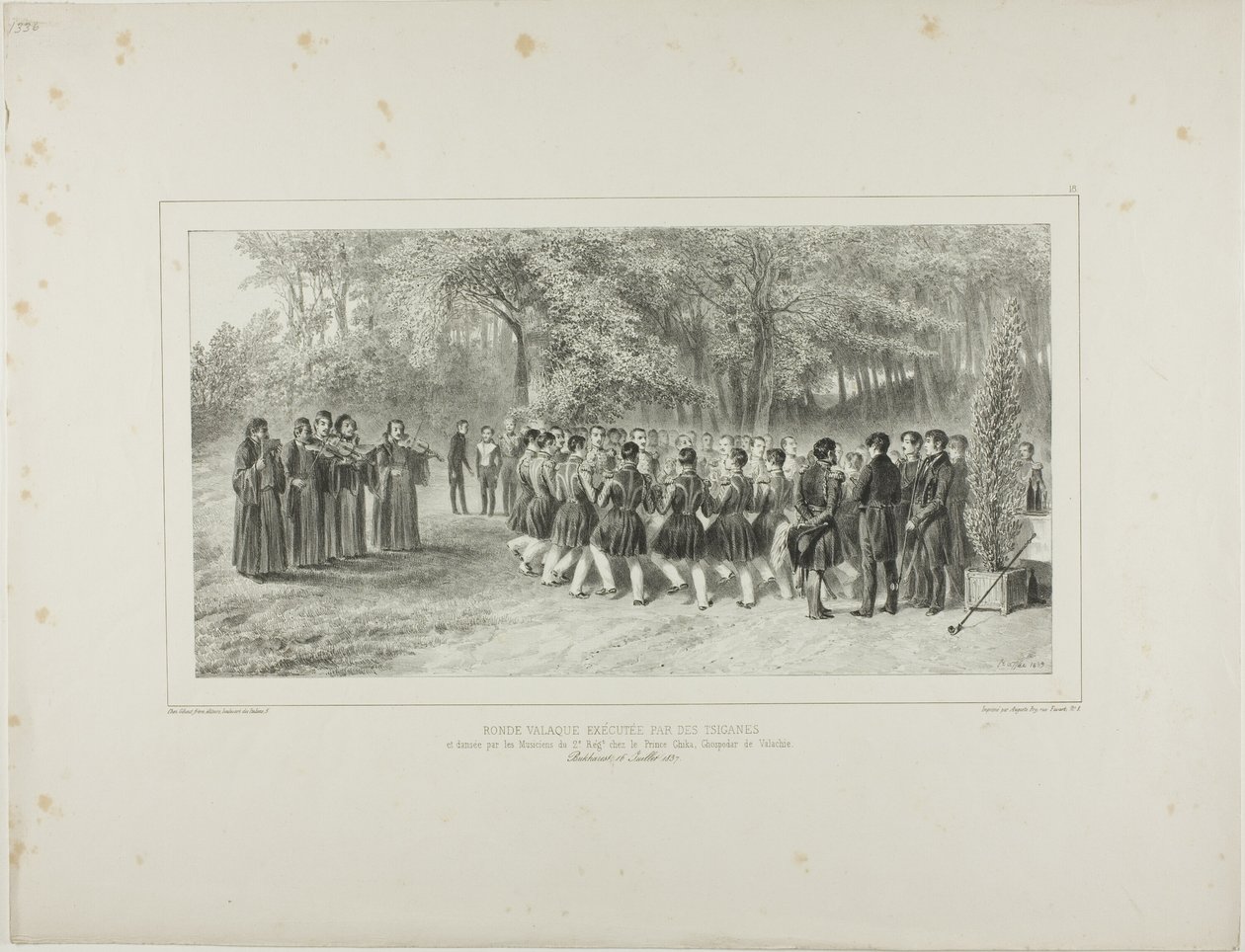 Ronda da Valáquia, representada pelos Tsiganes e dançada pelos músicos do Segundo Regimento na casa do Príncipe Ghika, Ghospodar, Valáquia de Denis Auguste Marie Raffet