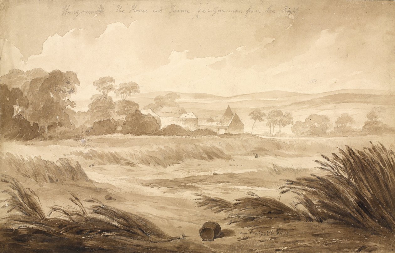 &39;No 1 Hougomont A casa e farme du - Gourman da direita&39;, 1815 (wc e lápis sobre papel) de Denis Dighton