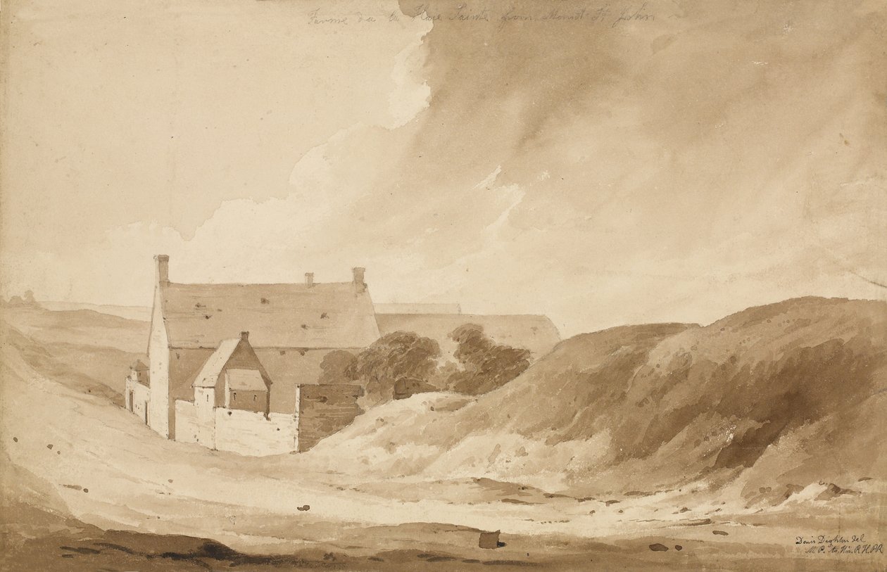 &39;No 8 Farme de la Haie Sainte do Monte St. John&39;, 1815 (wc e lápis sobre papel) de Denis Dighton