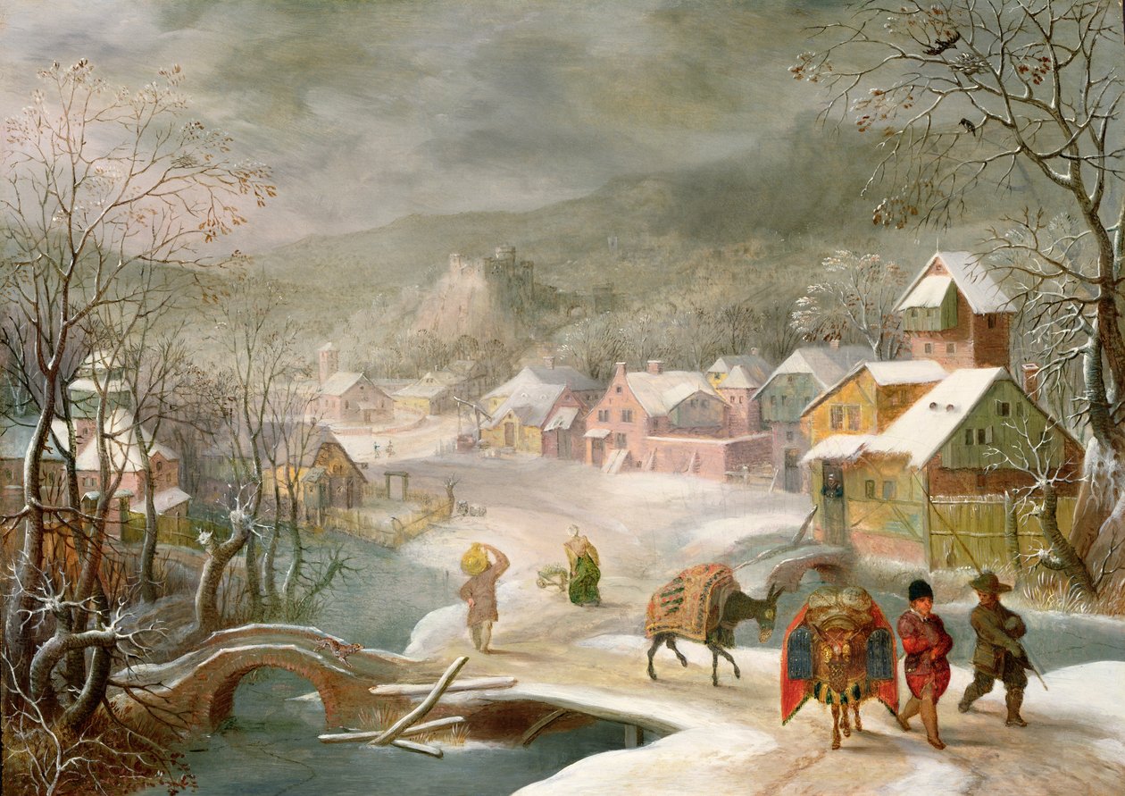 Uma paisagem de inverno com viajantes em um caminho de Denys van Alsloot