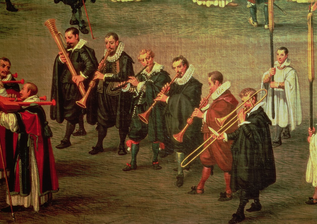 Músicos que participam do The Ommeganck em Bruxelas, em 31 de maio de 1615: procissão de Notre Dame de Sablon (ver 59846) de Denys van Alsloot