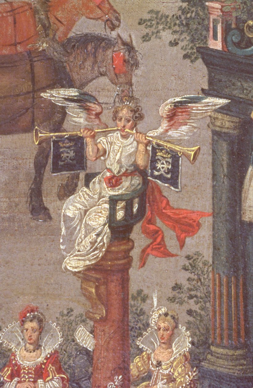 O triunfo de Isabella no Ommeganck em Bruxelas em 31 de maio de 1615, detalhe da figura alegórica da fama do carro do Tribunal de Isabella, 1615 (detalhe de 75629) de Denys van Alsloot