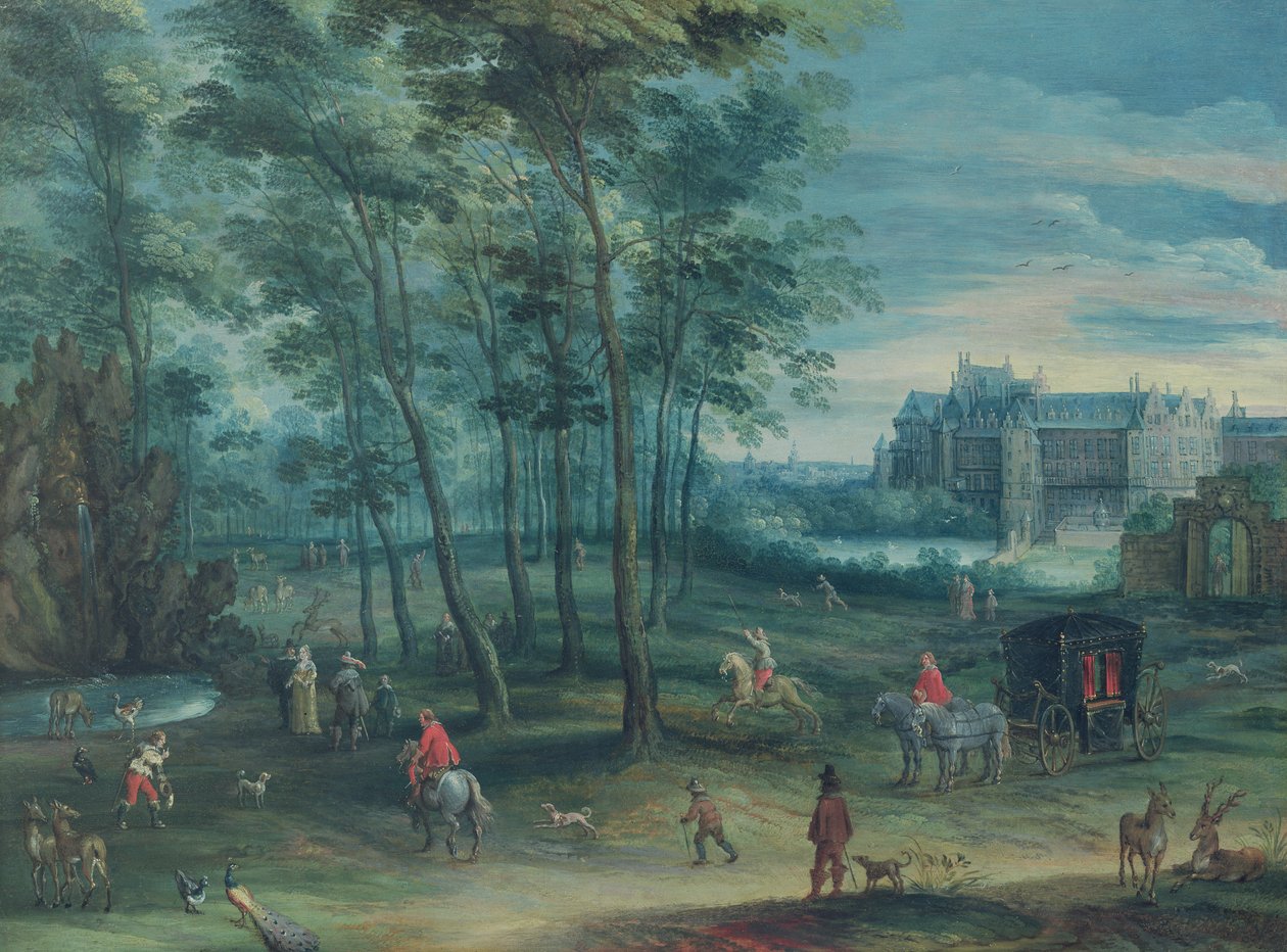 O parque do palácio vice-real, em Bruxelas, com a companhia elegante por uma fonte, c.1600 (óleo em cobre) de Denys van Alsloot