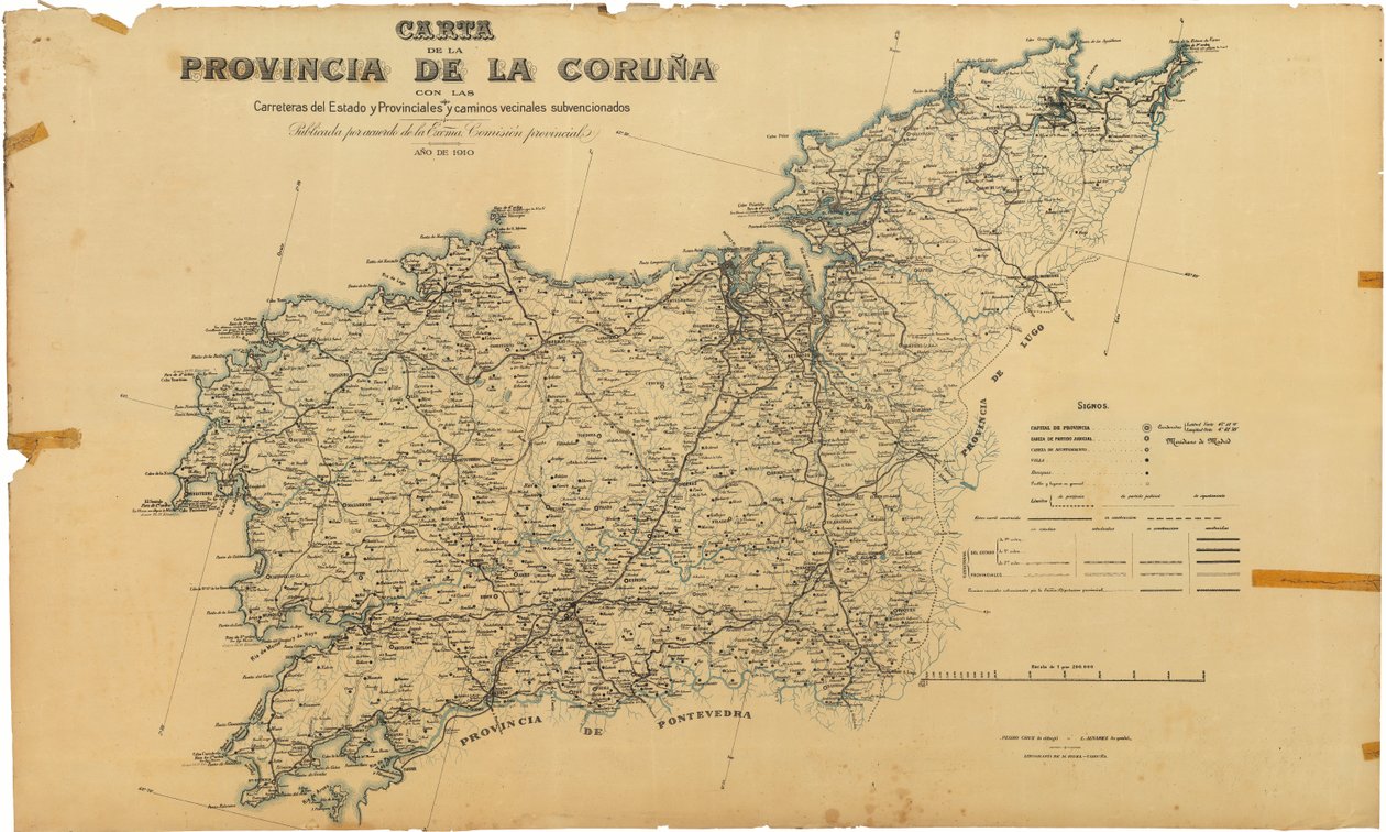 Mapa da província de A Coruña com estradas estaduais e provinciais e estradas de bairro subsidiadas. Publicado por acordo da Excelência. Comissão Provincial de Deputación da Coruña