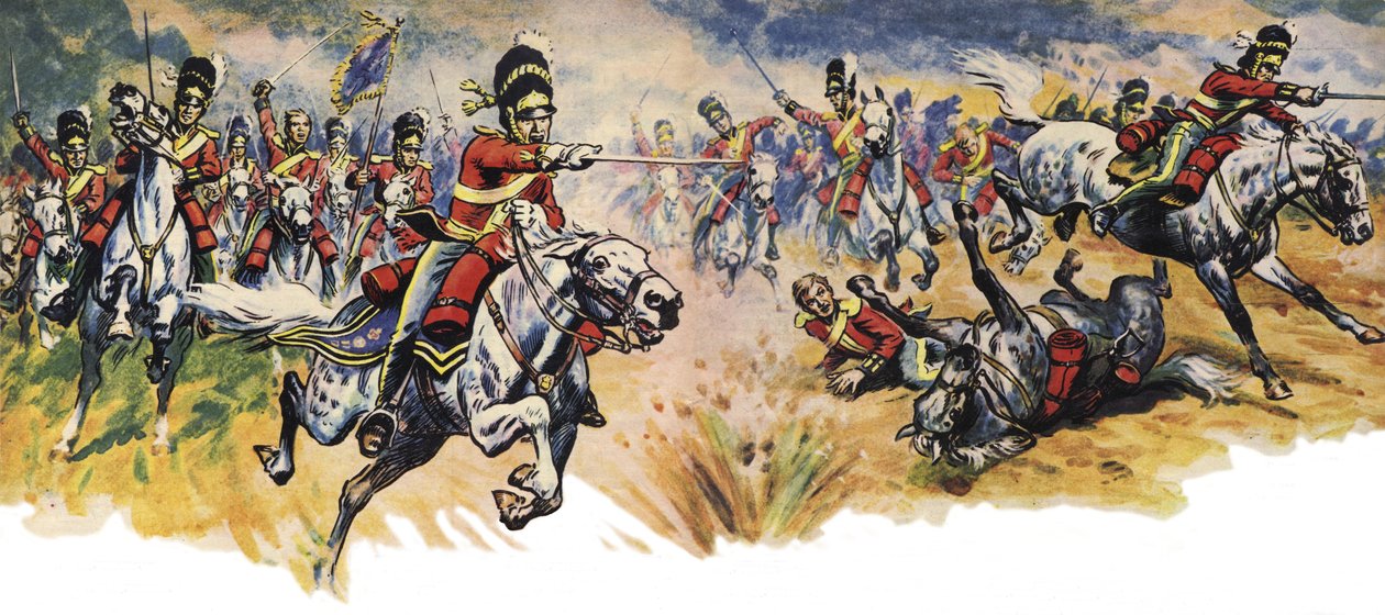 "Neles, Greys!" A investida da Brigada da União (Cavalaria) na Batalha de Waterloo (litografia a cores) de Derek Charles Eyles