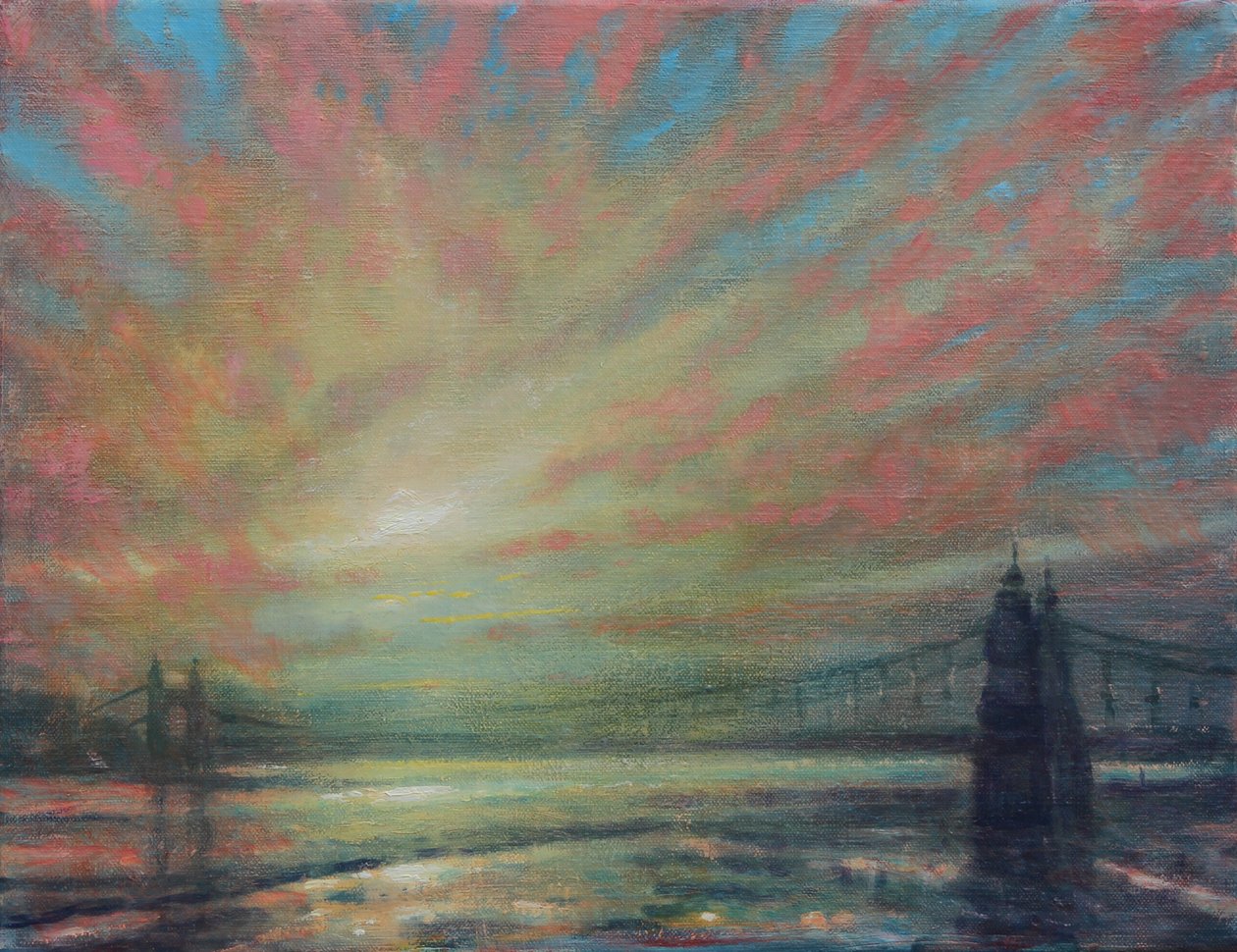 Pôr-do-sol na ponte Hammersmith, 2022 (Óleo sobre Tela) de Derek Hare