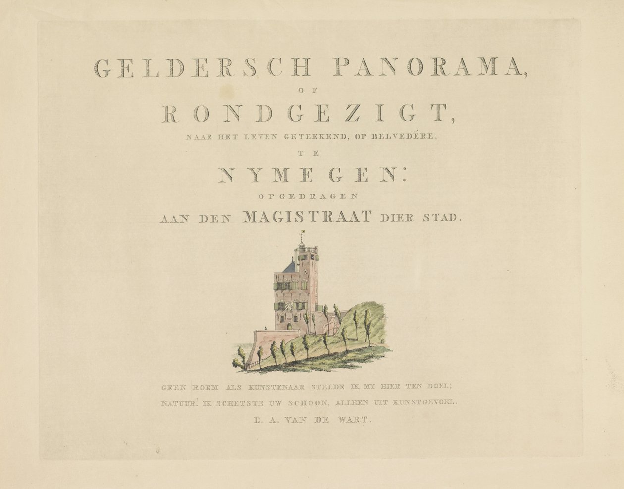 Belvédère em Nijmegen Vistas ao redor da cidade de Nijmegen (título da série) Panorama de Geldersch ou visão redonda da vida desenhada no mirante em Nymegen (título da série no objeto) de Derk Anthony van de Wart