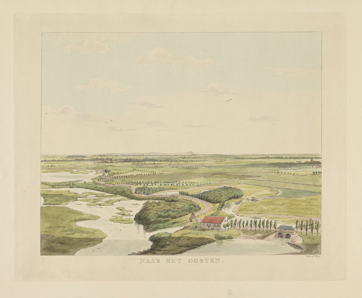Vista da paisagem a leste de Nijmegen Para o Oriente (título no objeto) Vistas ao redor da cidade de Nijmegen (título da série) Panorama de Geldersch ou visão redonda da vida desenhada no mirante em Nymegen (título da série) de Derk Anthony van de Wart