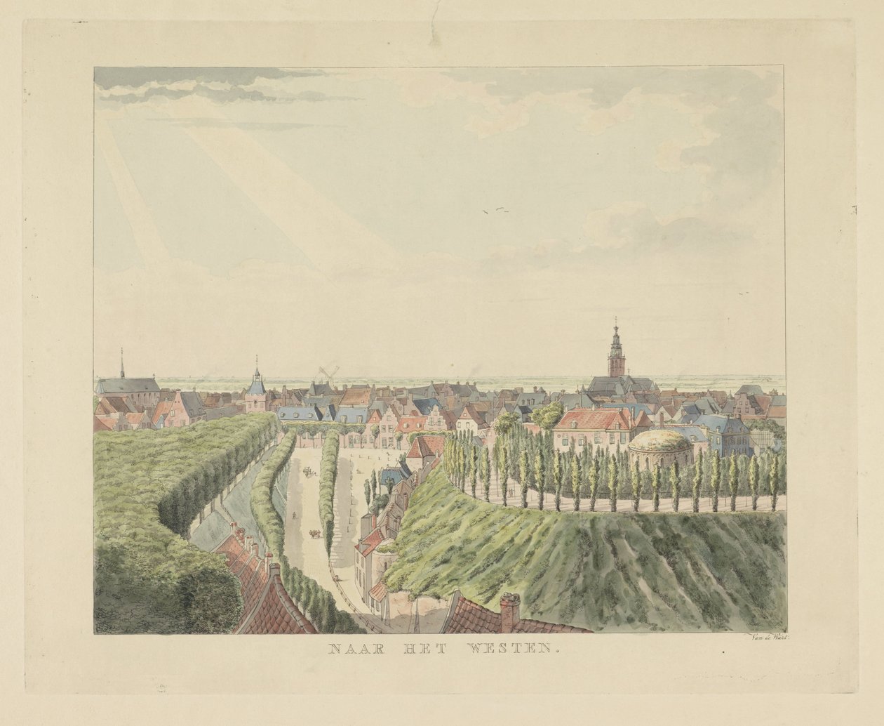 Nijmegen, vista do miradouro em direcção ao oeste
Para o ocidente (título sobre o objecto)
Vistas em redor da cidade de Nijmegen (título da série)
Panorama ou vista circular de Nijmegen extraído do miradouro (título da série) de Derk Anthony van de Wart