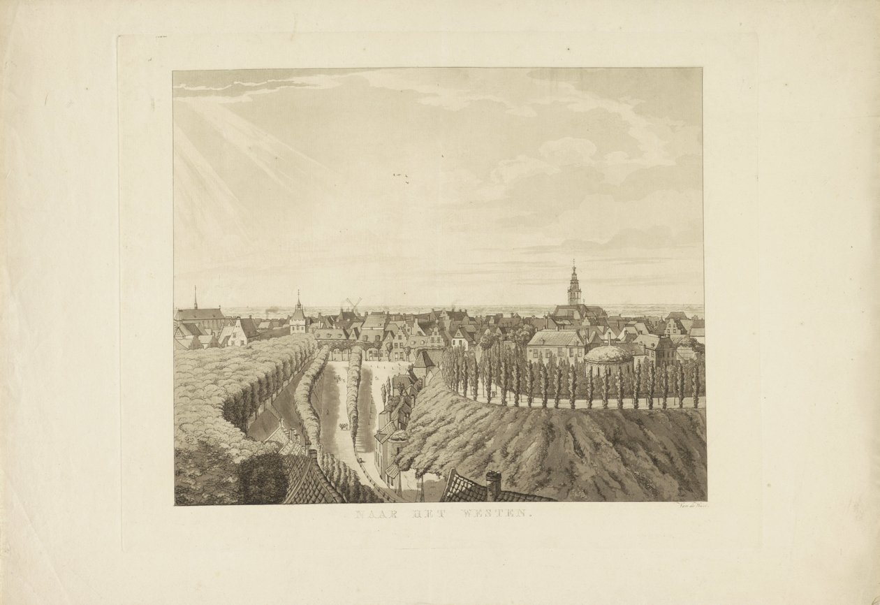 Nijmegen, vista do Belvédère para o oeste Para o Oeste (título no objeto) Vistas ao redor da cidade de Nijmegen (título da série) Panorama de Geldersch ou visão redonda da vida desenhada no mirante em Nymegen (título da série) de Derk Anthony van de Wart