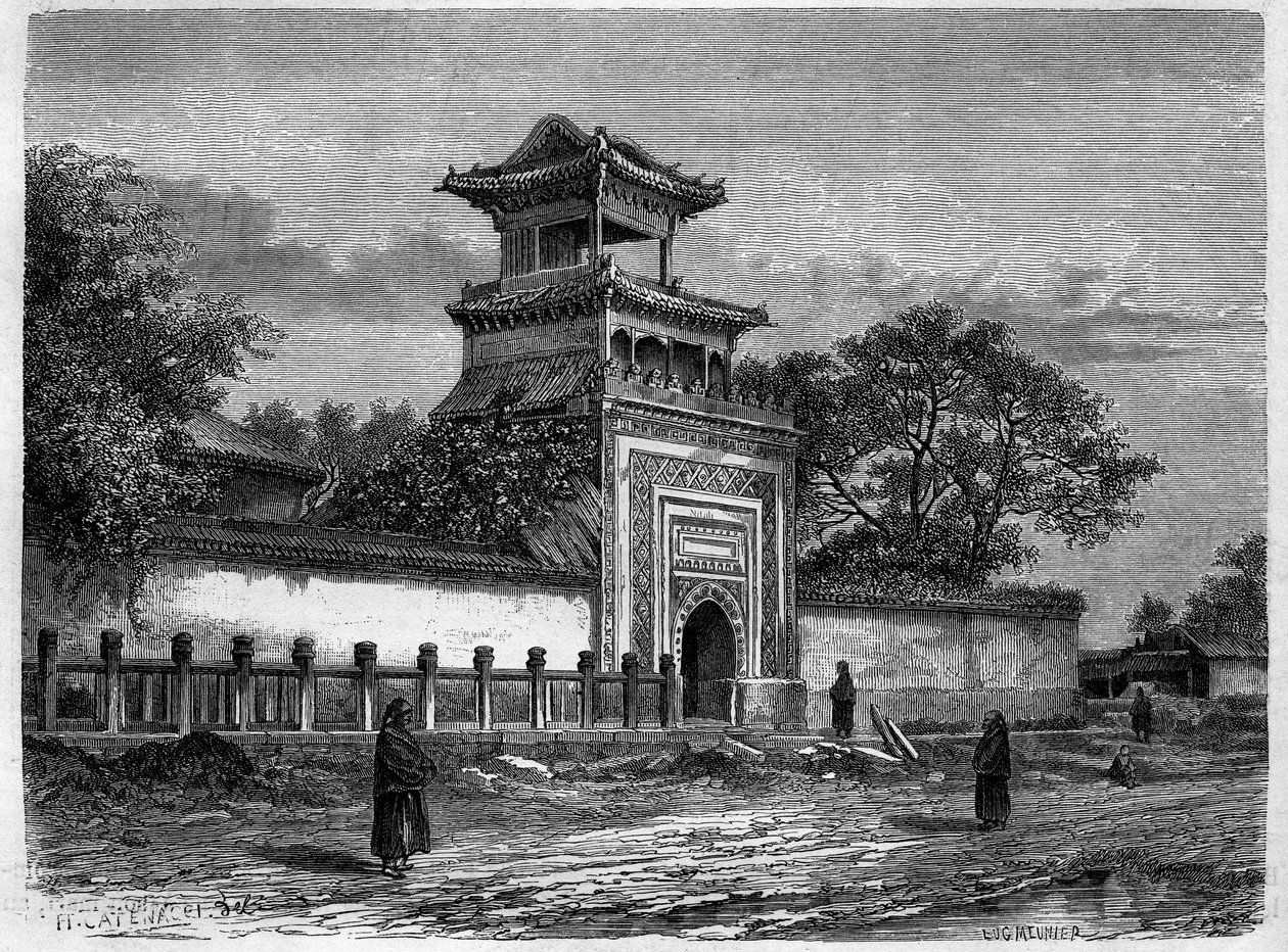 Mosquee em Pekin (Pequim) na década de 1870. Gravura após um desenho de Deroy, em "Le Tour du Monde, Nouveau journal des Voyages", editado por Edouard Charton, Paris de Deroy (after)