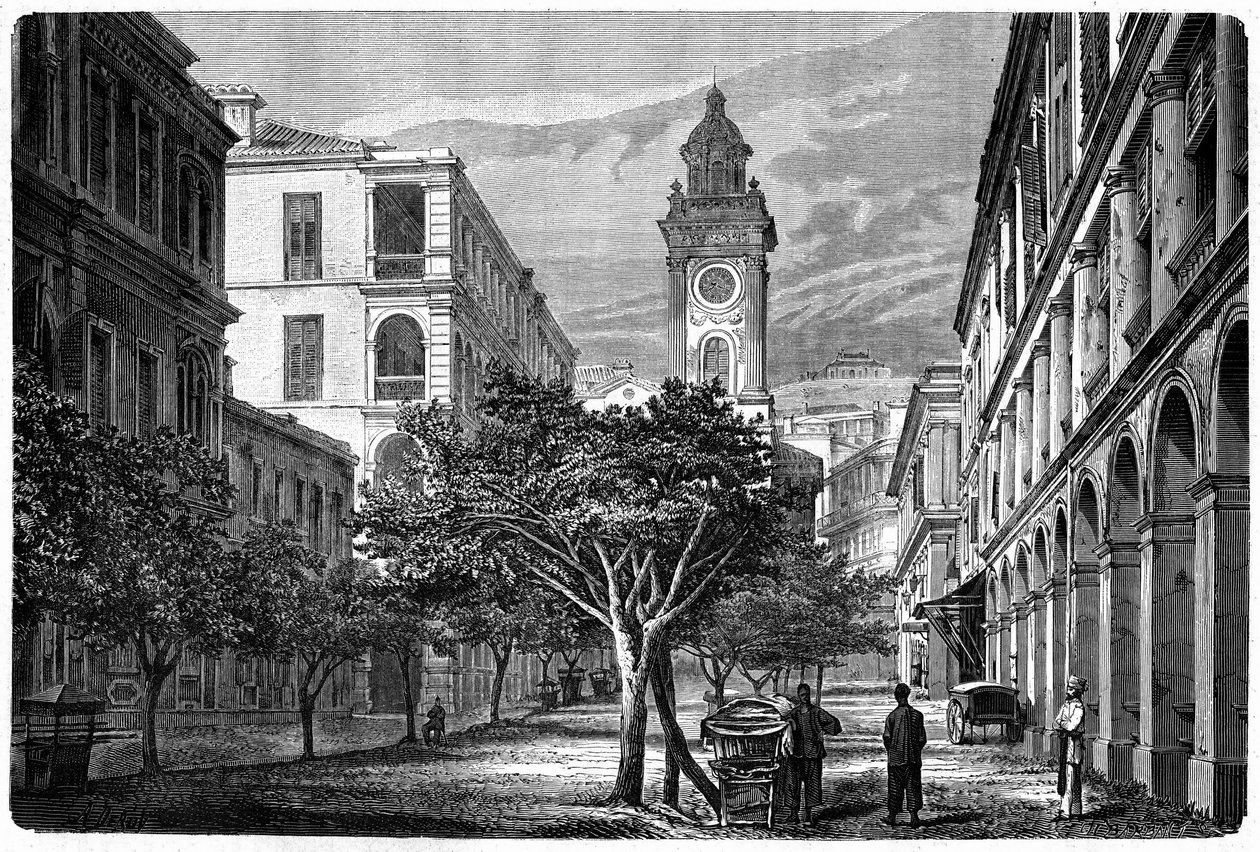 Vista da Torre Histórica do Relógio de Hong Kong. Gravura após um desenho de Deroy, em "Le Tour du Monde, Nouveau journal des Voyages", editado por Edouard Charton, Paris de Deroy (after)