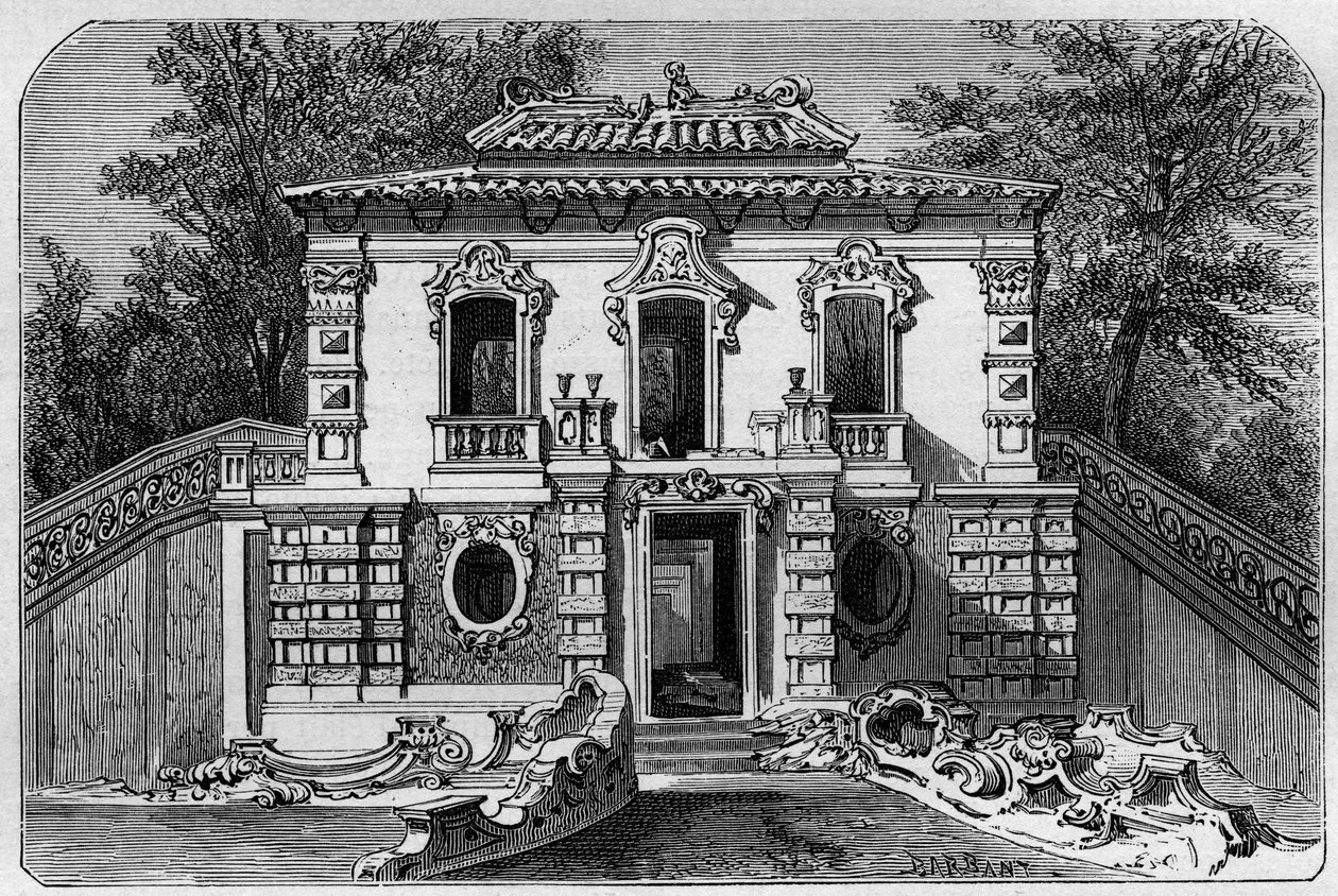 Yuanmingyuan European Palace, o perfeito Clarte Garden no Ete Palace, perto de Pekin (Pequim). Gravura após um desenho de Deroy, em "Le Tour du Monde, Nouveau journal des Voyages", editado por Edouard Charton, Paris de Deroy (after)