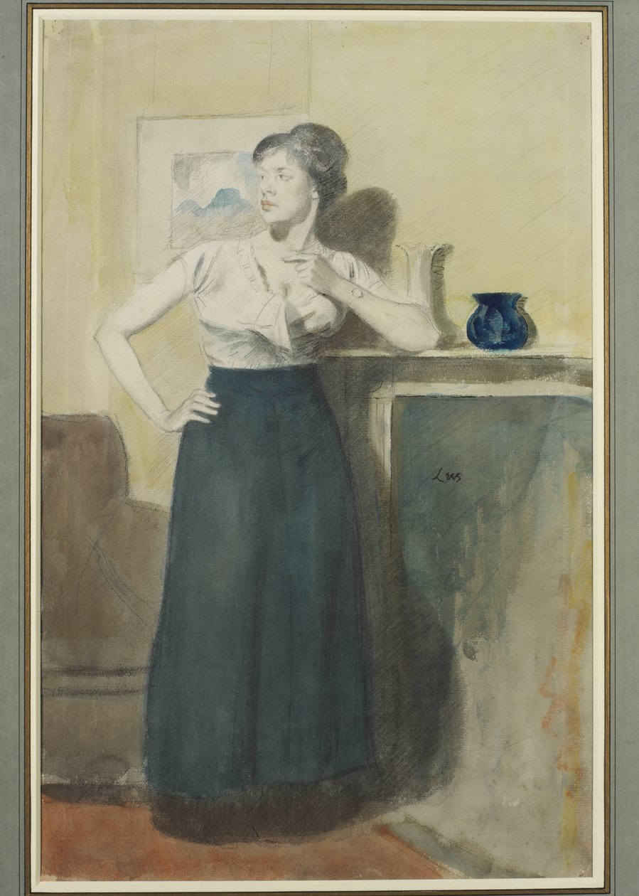 Retrato de Lyndra, a esposa do artista (wc sobre lápis com caneta e tinta) de Derwent Lees
